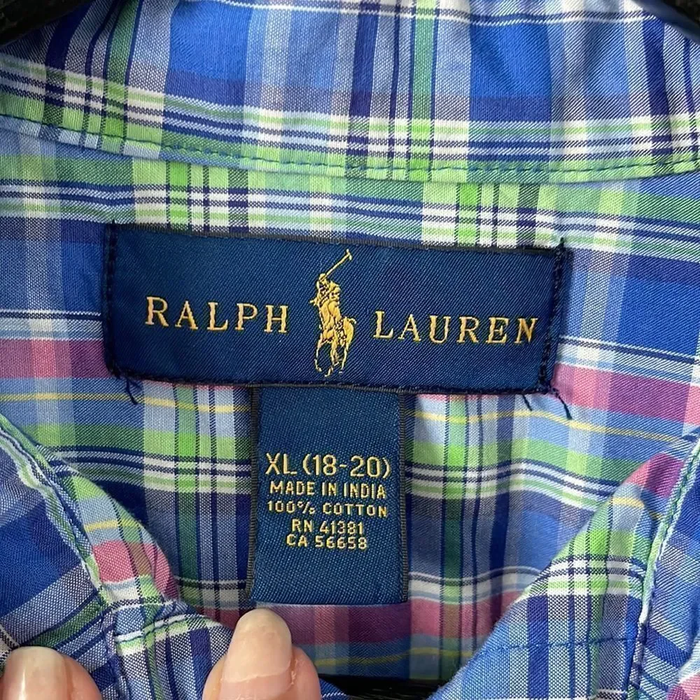 Ralph Lauren Boys Button Down Shirt. Size XL (18-20) Blue/pink/green plaid‎